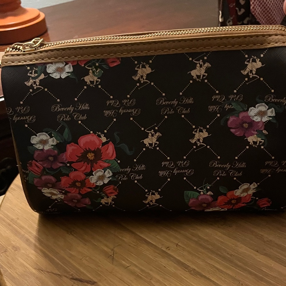 Beverly Hills Polo Club Black and Floral Cosmetic Bag with Logo Pattern